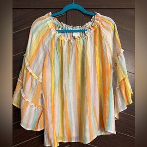 Zac & Rachel rainbow flowy top size XL tiered bell sleeves off shoulder